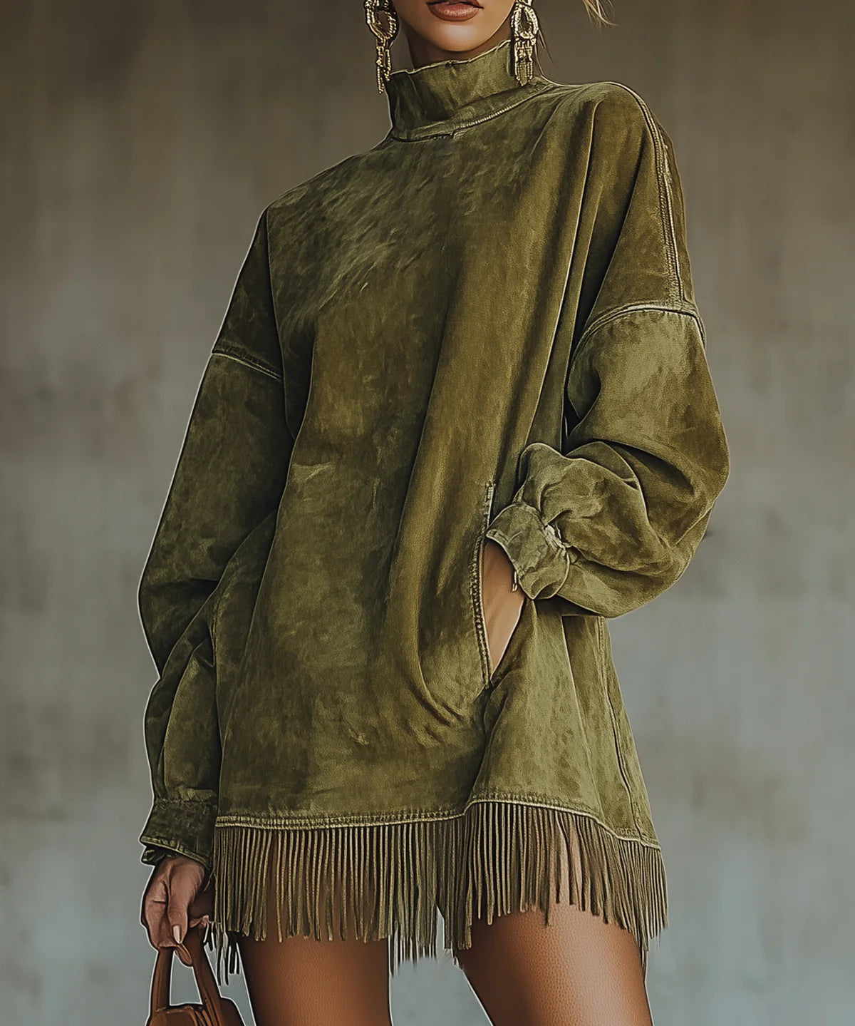 Women's High-Collar Fringed Suede-Look Dress in Green