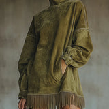 Women's High-Collar Fringed Suede-Look Dress in Green