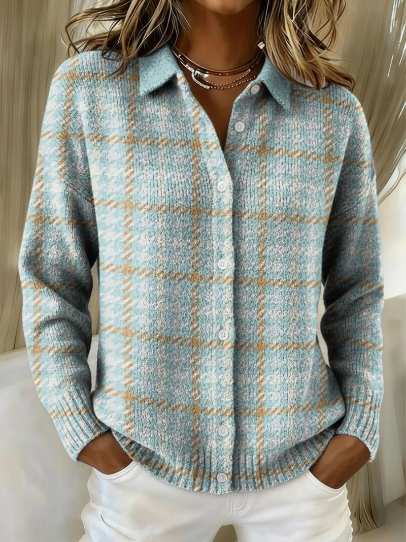 Women's Sky Plaid Button Knit Cardigan in Sky Blue