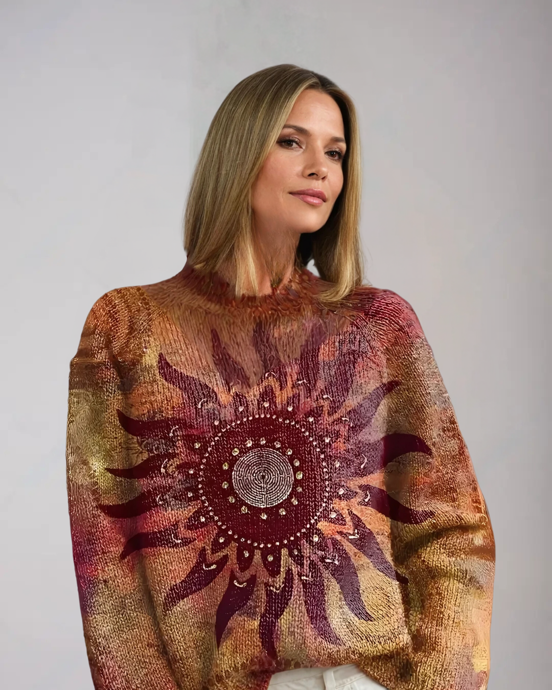 Knitted Turtleneck with Tribal Sun Design