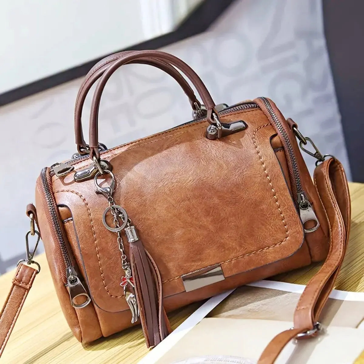 Women's Textured Leather Handbag in Brown