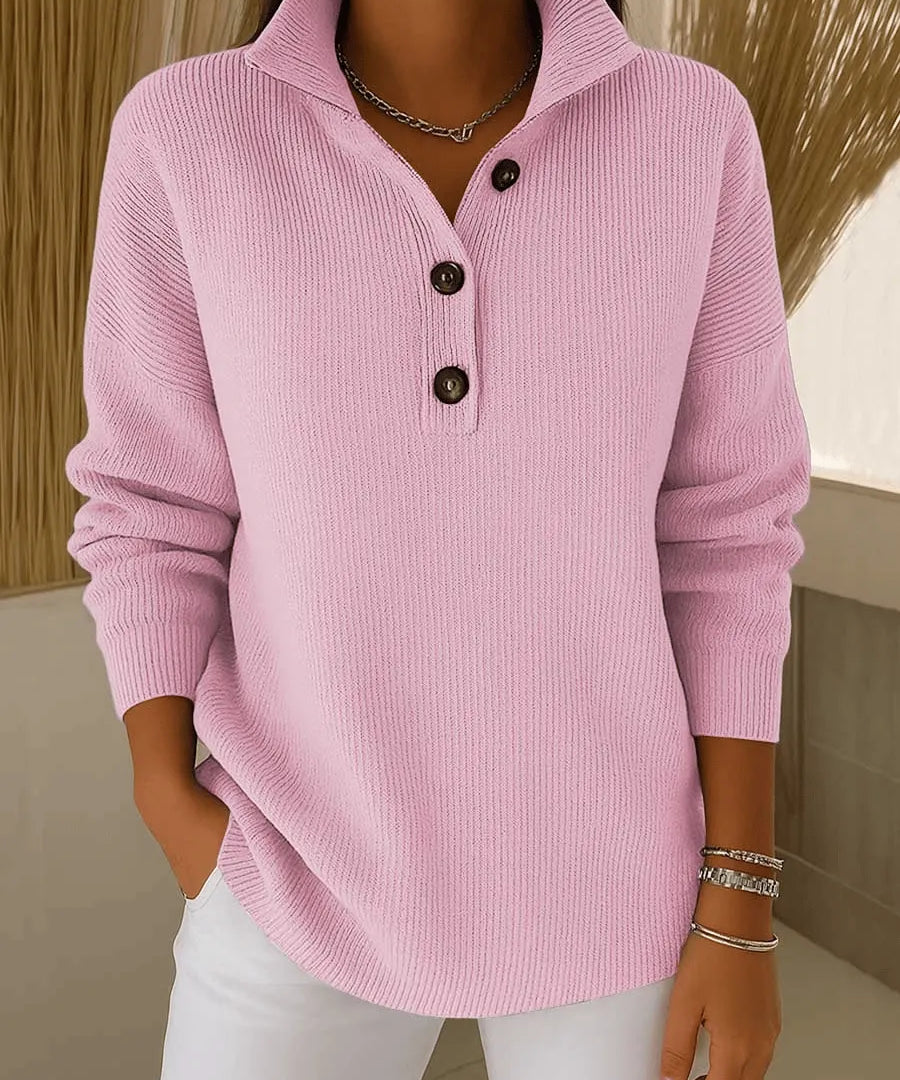 Women's V-Neck Polo Sweater in Blush Pink