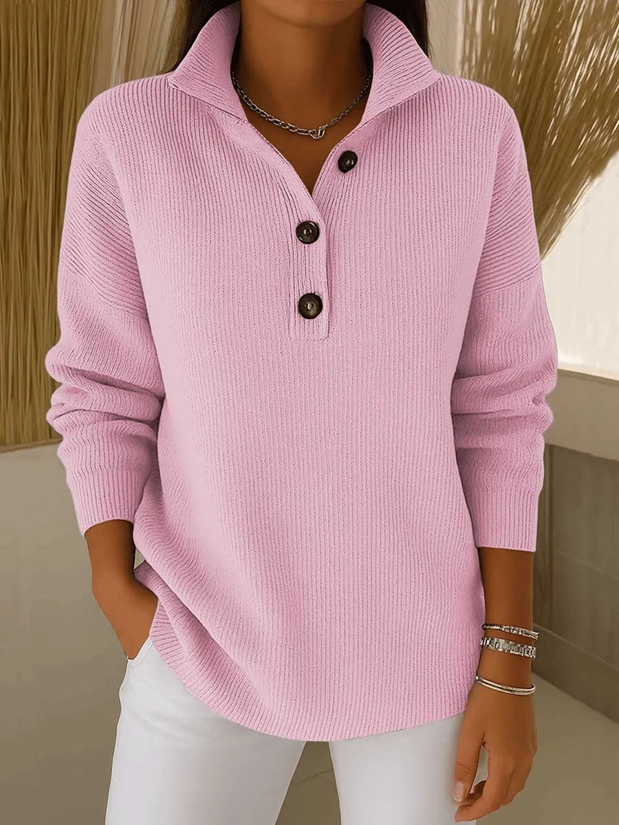 Women's V-Neck Polo Sweater in Blush Pink
