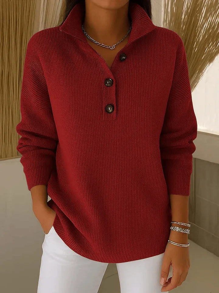 Women's V-Neck Polo Collar Sweater in Burgundy