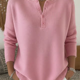 Women's Henley Button-Up Knit Sweater in Light Pink
