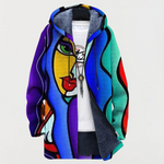Blue and Red Art-Print Hooded Cardigan