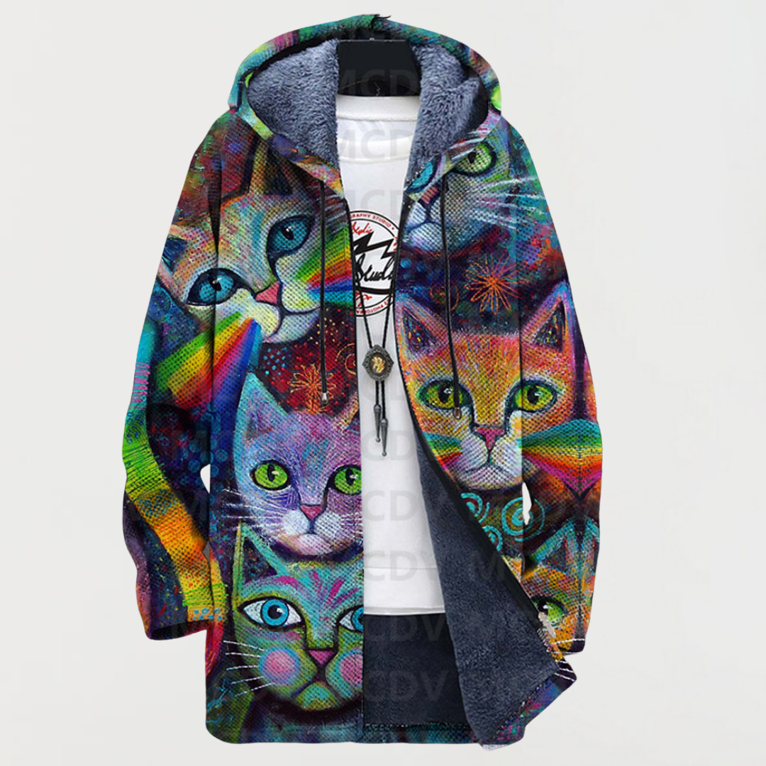 Women's Colorful Cat-Print Hooded Cardigan