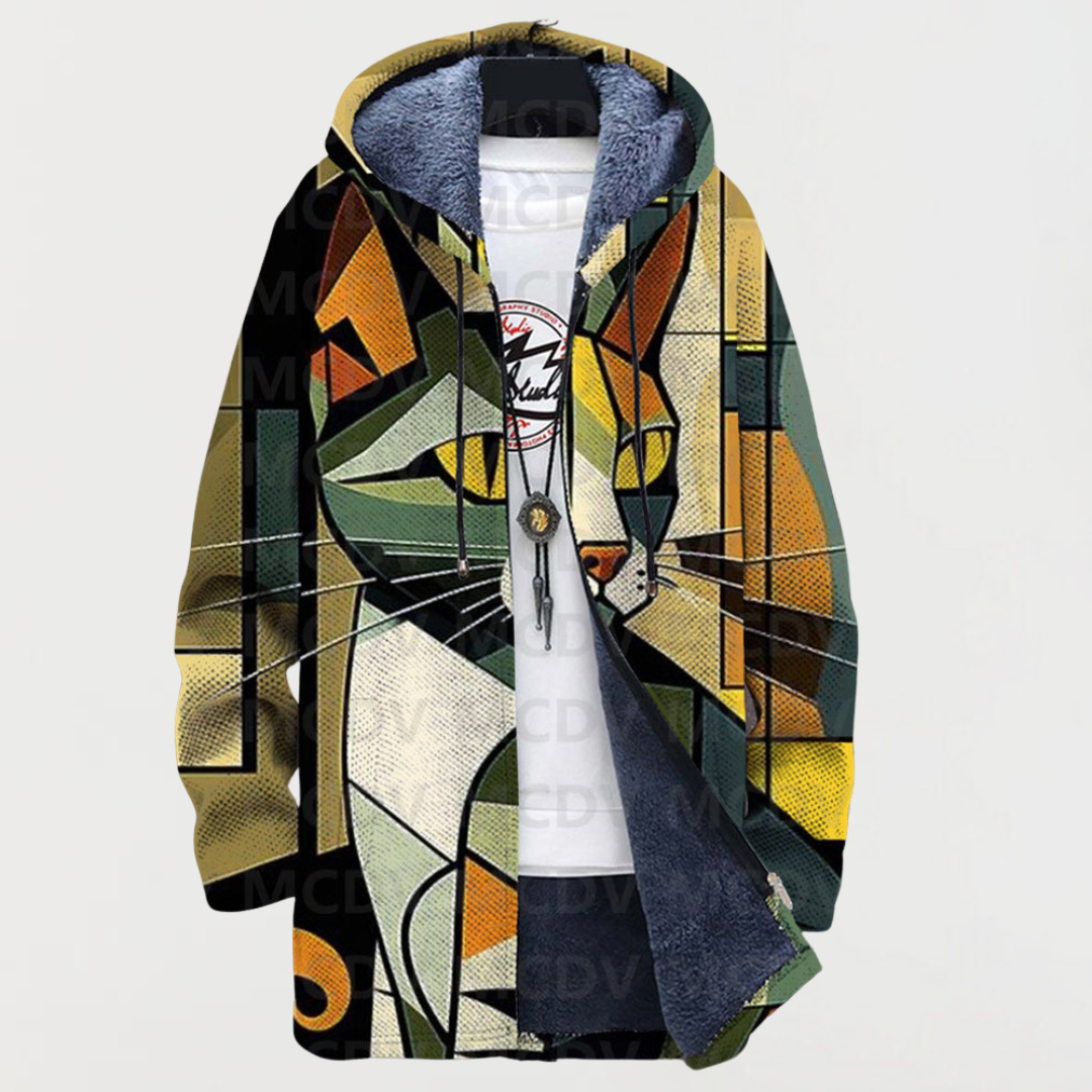 Women's Cubist Cat-Print Hooded Cardigan