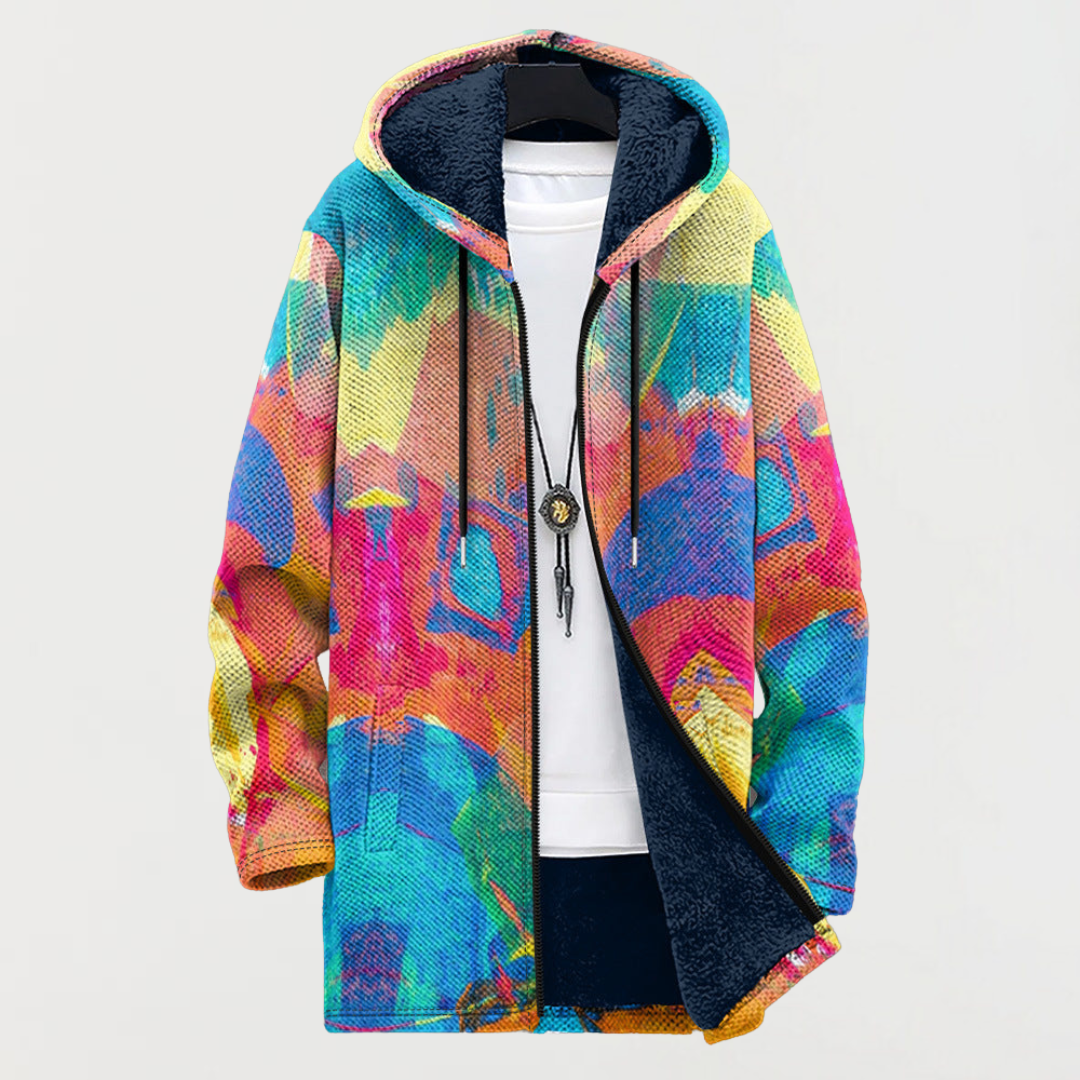 Flora Abstract-Print Hooded Cardigan in Multicolor