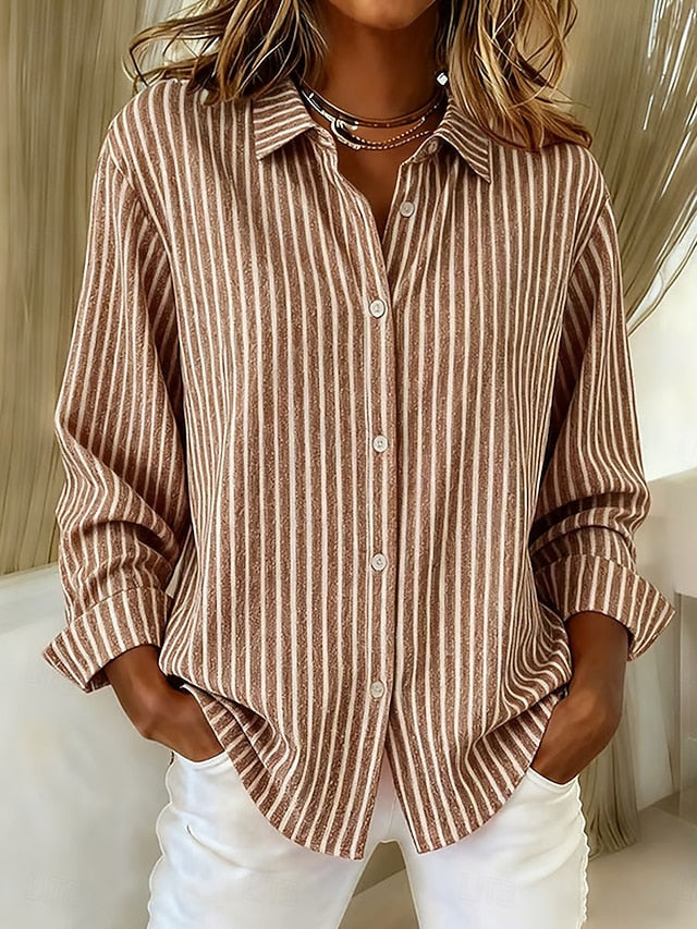 Women's Striped Button-Down Shirt in Khaki