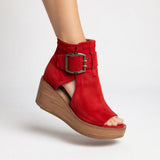 Women's Open-Toe Wedge Ankle Boots in Red