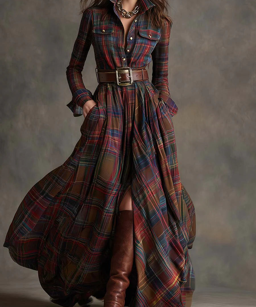 Women's Long Checkered Dress with Belt in Reddish