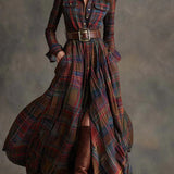 Women's Long Checkered Dress with Belt in Reddish