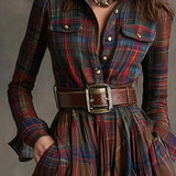 Women's Long Checkered Dress with Belt, photo 4