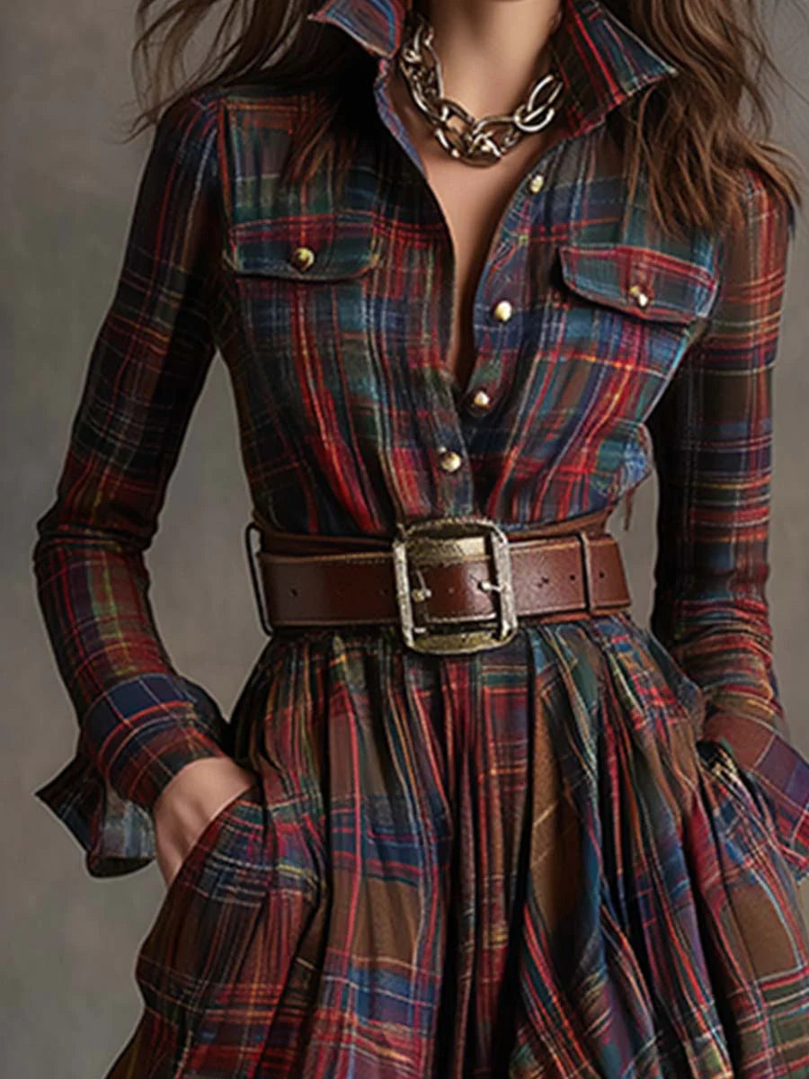 Women's Long Plaid Dress with Belt, photo 4