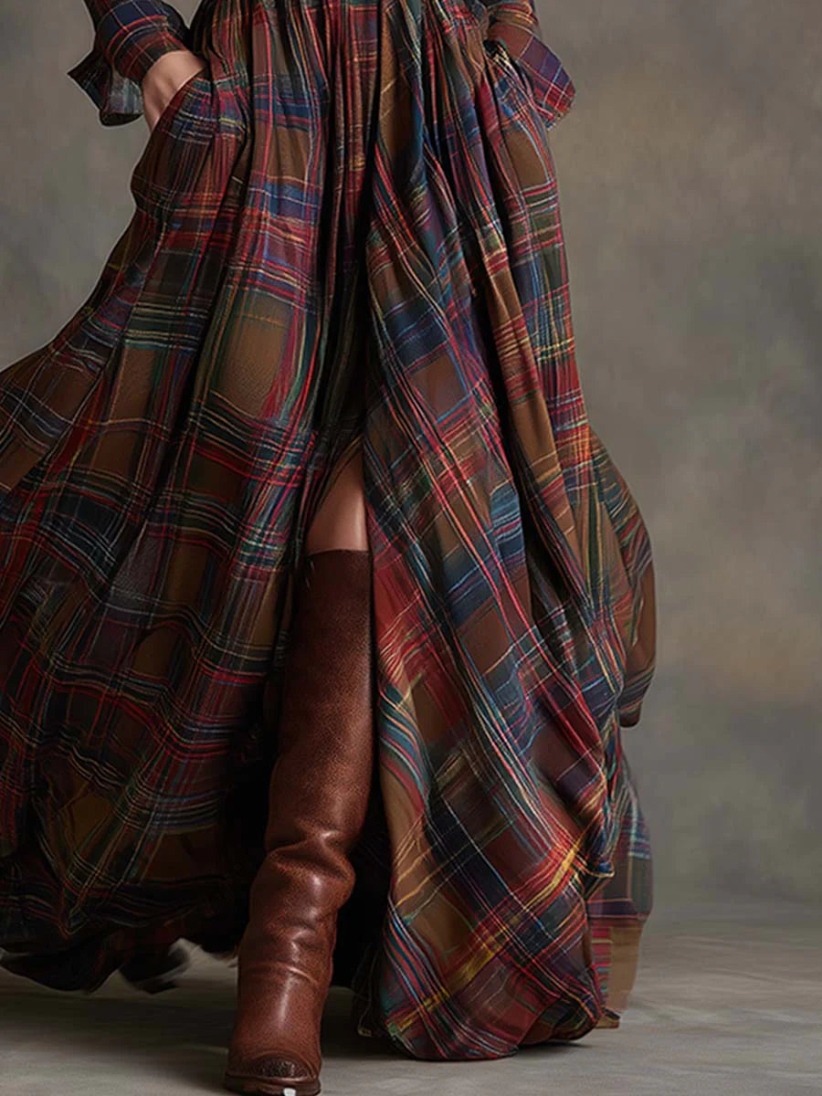 Women's Long Plaid Dress with Belt, photo 5