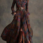 Women's Long Plaid Dress with Belt in Red