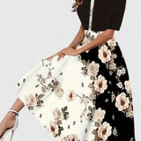 Chantal Elegant Midi Dress in Black-big Floral