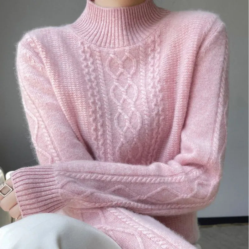 Reinhild Cable-Knit Turtleneck Sweater in Pink