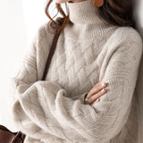 Women's Basketweave-Knit Turtleneck Sweater in Beige