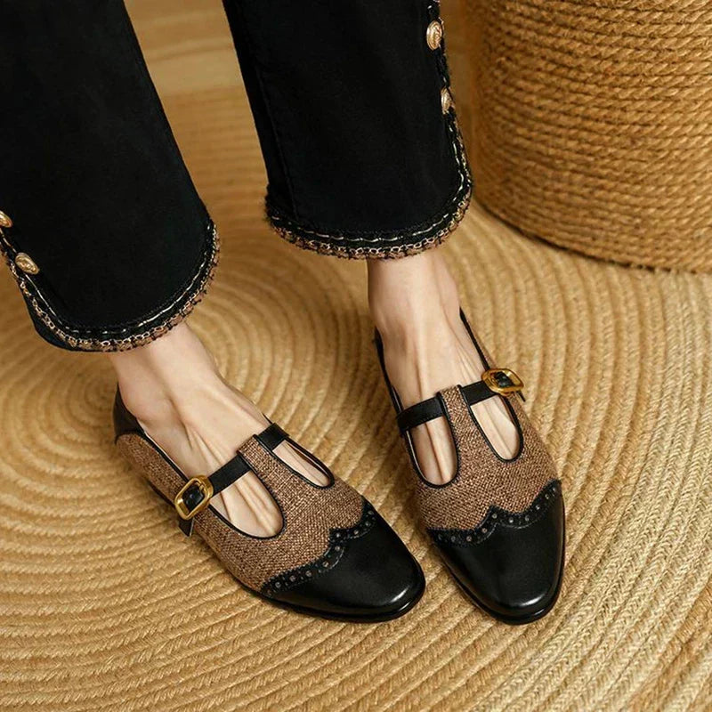 Women's Vintage Tweed T-Strap Brogues in Black