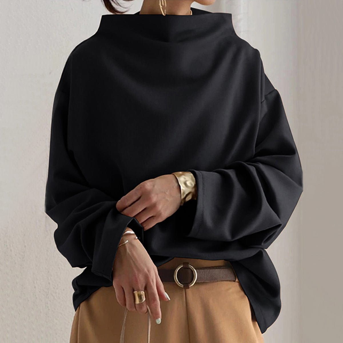 Women's Oversized Mock-Neck Top in Black