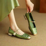 Jacquard Mary Jane Flats with Pearl Strap