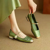 Jacquard Mary Jane Flats with Pearl Strap