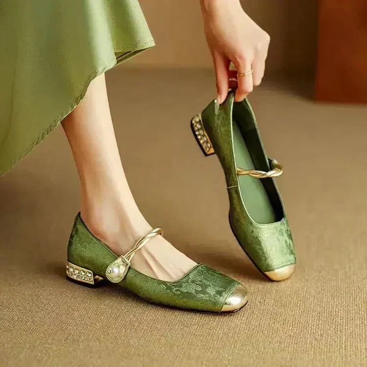 Jacquard Mary Jane Flats with Pearl Strap