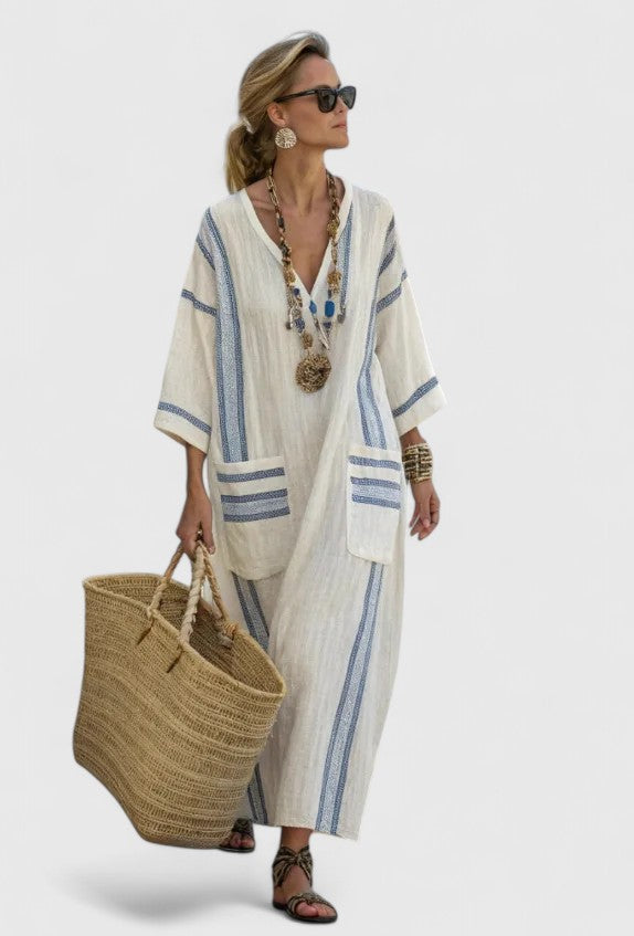 Kyvanna Elegant Maxi Dress in Beige Light Blue