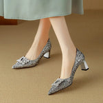 Women's Glitter Pumps with Crystal Buckle in Silver