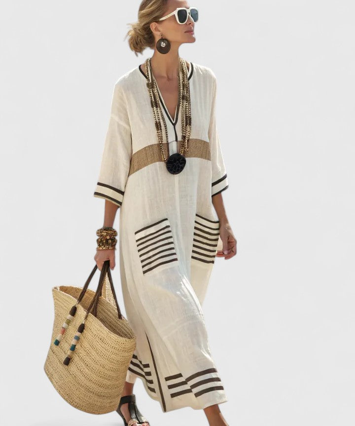 Kyvanna Elegant Maxi Dress in Beige Black