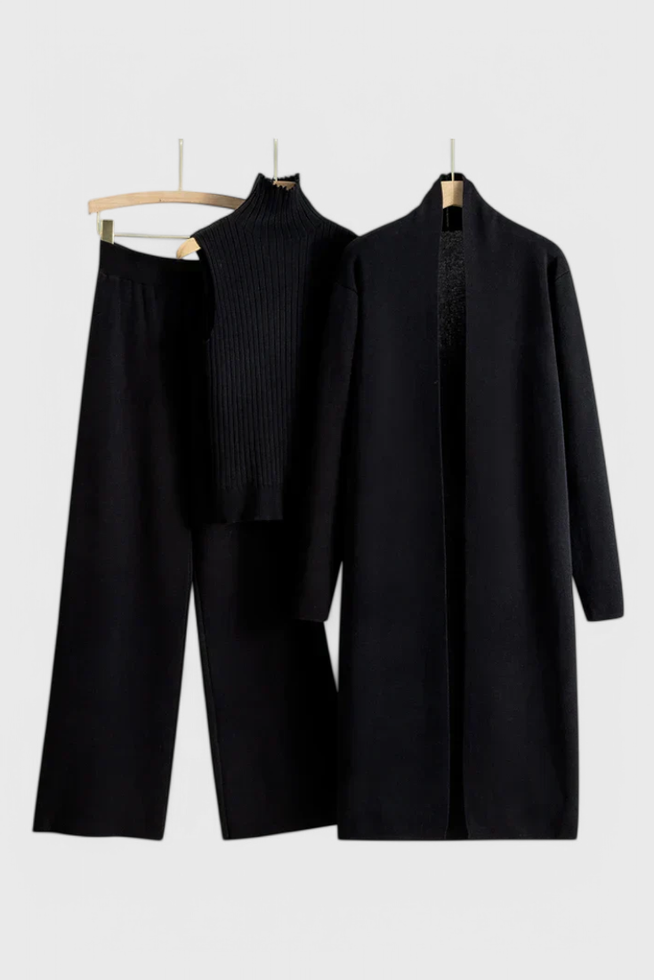 Elegant Cut 3-Piece Soft Knit Ensemble in Black