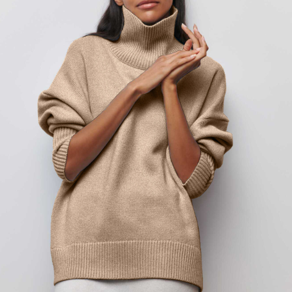 Gerda Cable-Knit Turtleneck Sweater in Beige