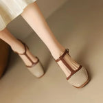 Women's Woven T-Strap Mid-Heel Shoes in Beige