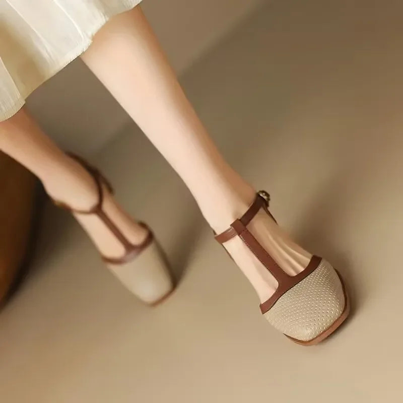 Women's Woven T-Strap Mid-Heel Shoes in Beige