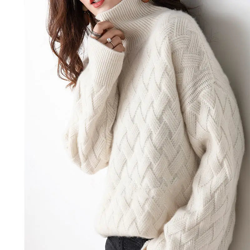 Women's Basketweave-Knit Turtleneck Sweater in Cream