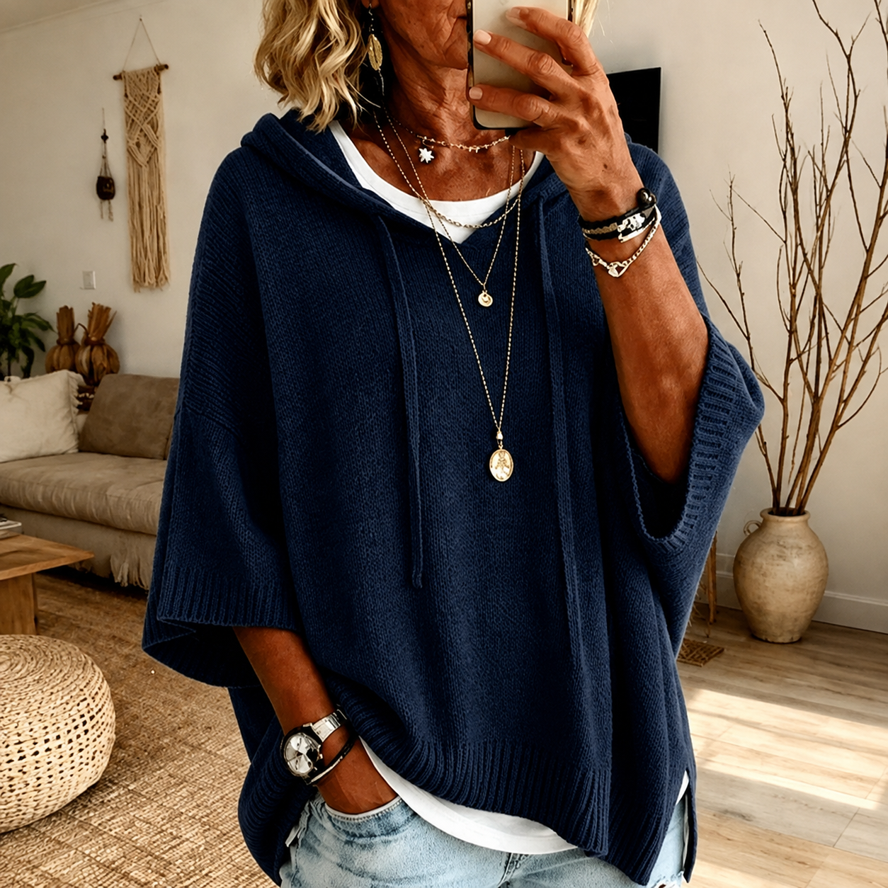 Juliette | Navy Blue Poncho Sweater