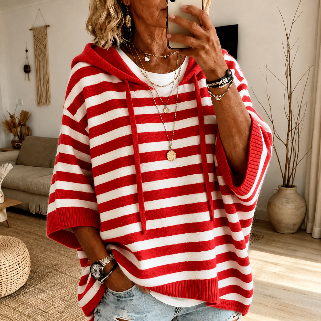 Charlotte | Red Striped Poncho Sweater