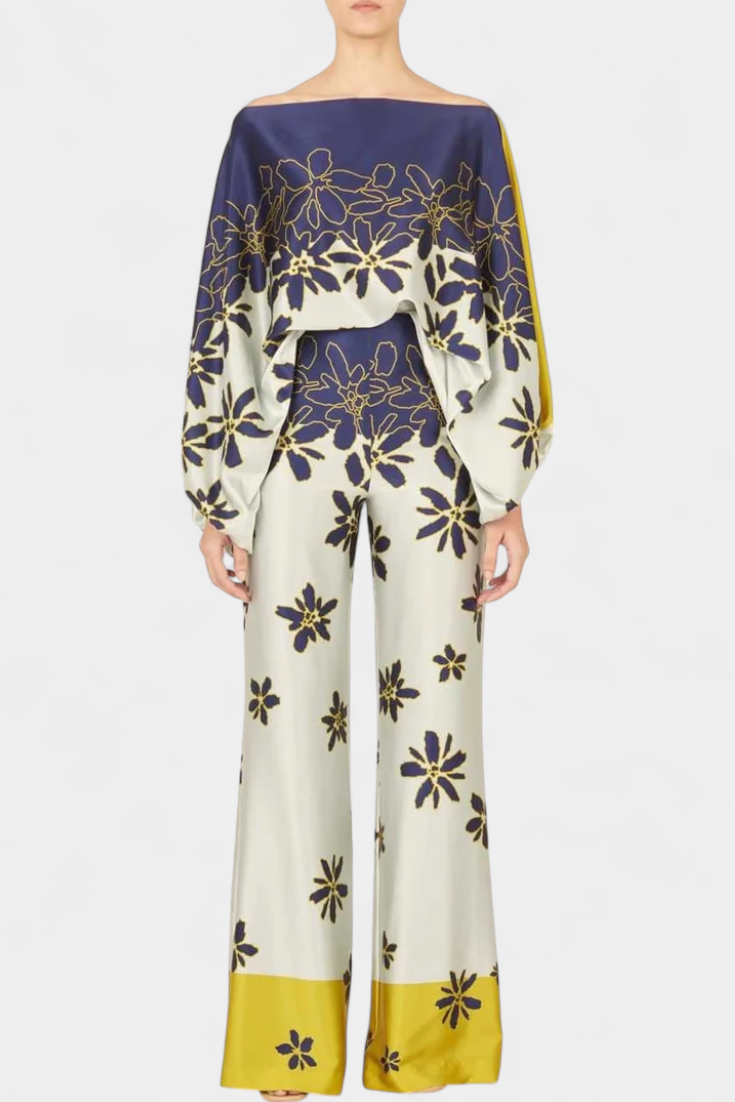 Women's Off-Shoulder Top & Wide-Leg Pants Set in Purple Floral
