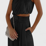 Tailored Top with Pleated Palazzo Pants in Black