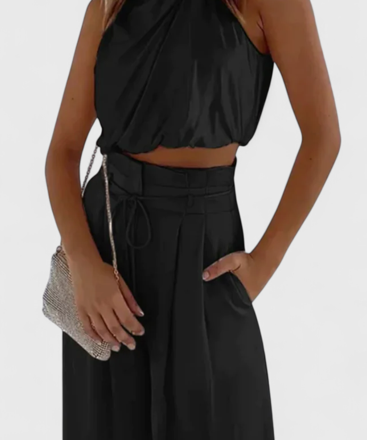 Tailored Top with Pleated Palazzo Pants in Black