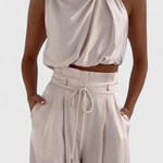 Tailored Top with Pleated Palazzo Pants in Beige
