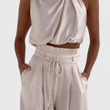 Tailored Top with Pleated Palazzo Pants in Beige
