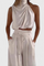 Tailored Top with Pleated Palazzo Pants in Beige