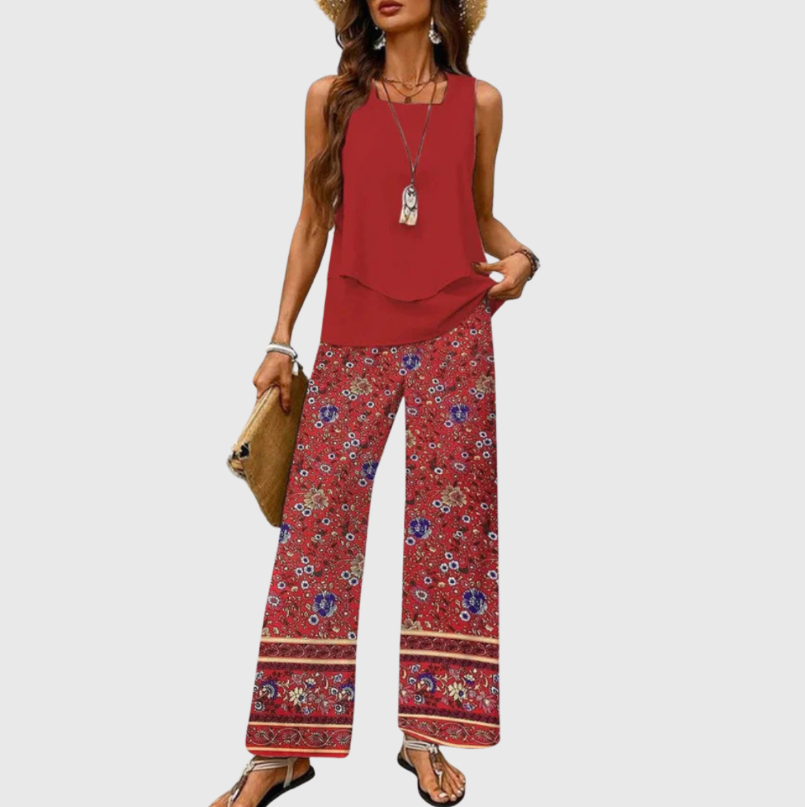 Women's Sleeveless Top And Wide-Leg Pants Set in Red