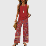 Women's Sleeveless Top And Wide-Leg Pants Set in Red