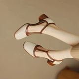 Women's Woven T-Strap Mid-Heel Shoes in Ecru