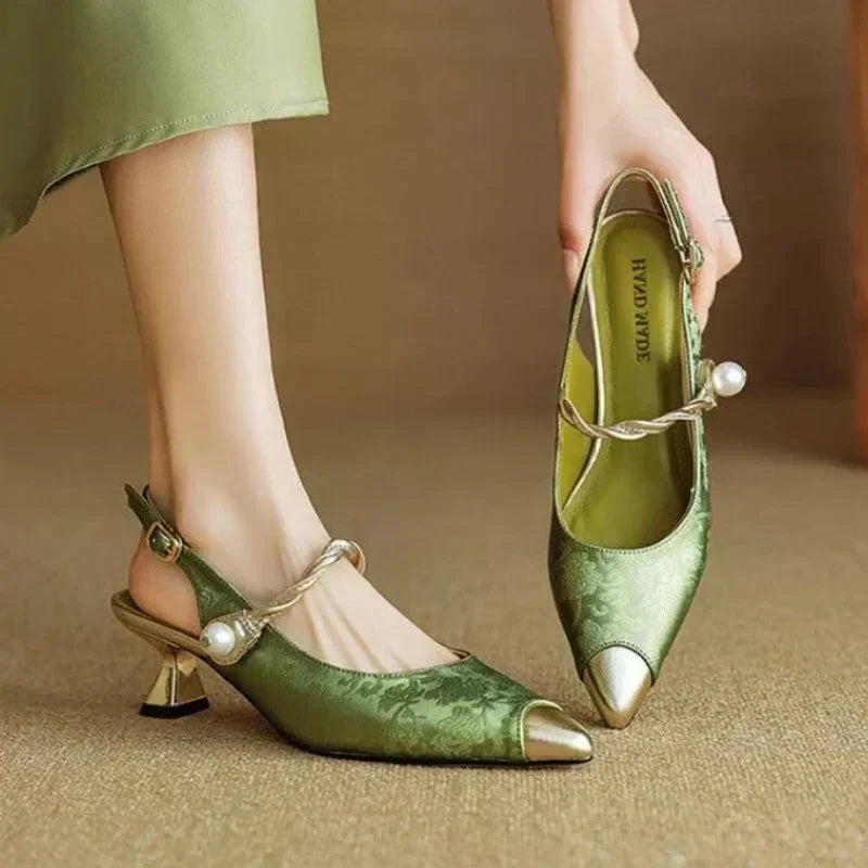 Women's Jacquard Slingback Kitten Heels in Green