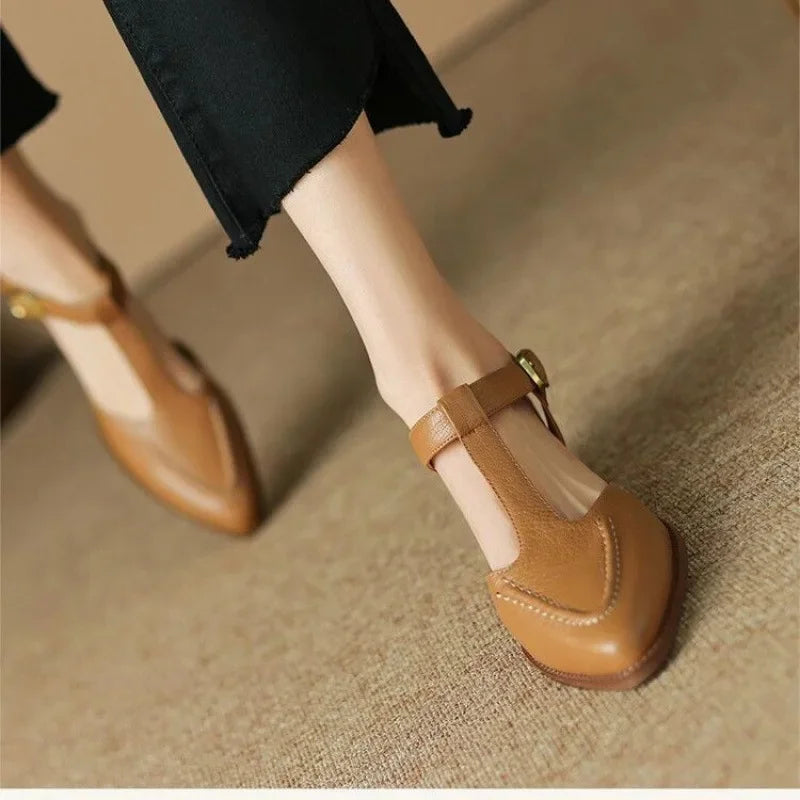 Women's Pointed-Toe T-Strap Buckle Shoes in Brown